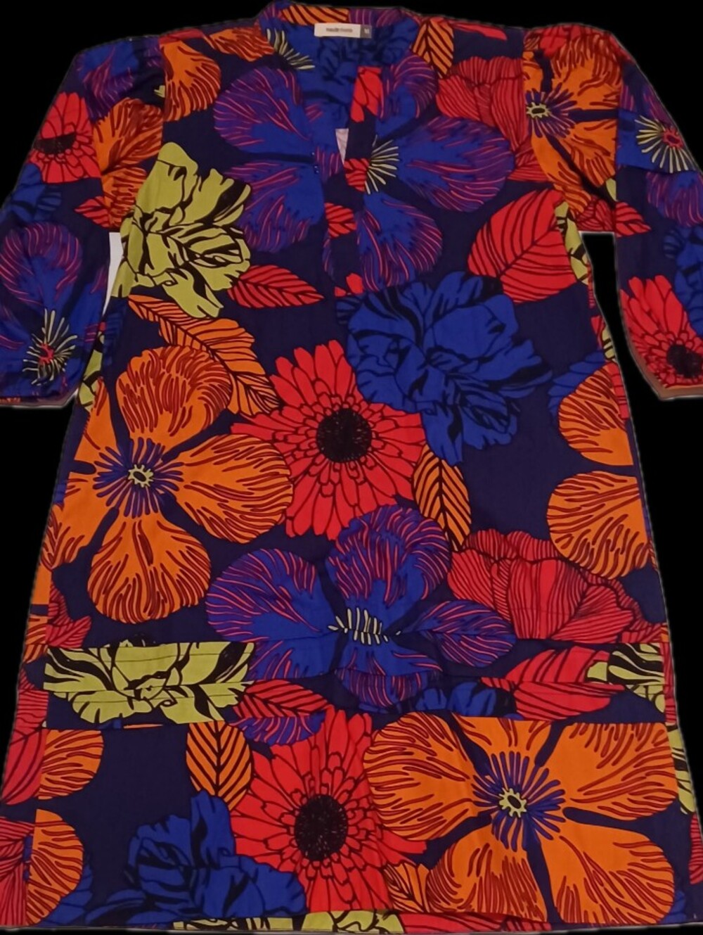 V-Neck Floral Midi Dress in Blue, Red & Orange